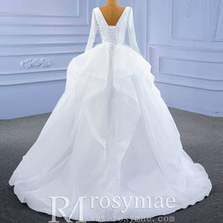 Long Sleeve Ruffled V-neck Ball Gown Tulle Wedding Dress