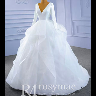 Long Sleeve Ruffled V-neck Ball Gown Tulle Wedding Dress