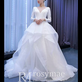 Long Sleeve Ruffled V-neck Ball Gown Tulle Wedding Dress