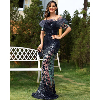 Sequin Lotus Evening Gown Off-The-Shoulder Fishtail Prom Dress