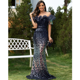 Sequin Lotus Evening Gown Off-The-Shoulder Fishtail Prom Dress