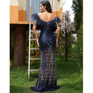 Sequin Lotus Evening Gown Off-The-Shoulder Fishtail Prom Dress