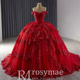 Sparkly Lace Applique Tiered Wedding Gowns Off the Shoulder Quince Dress