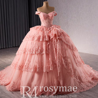 Sparkly Lace Applique Tiered Wedding Gowns Off the Shoulder Quince Dress