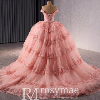 Sparkly Lace Applique Tiered Wedding Gowns Off the Shoulder Quince Dress