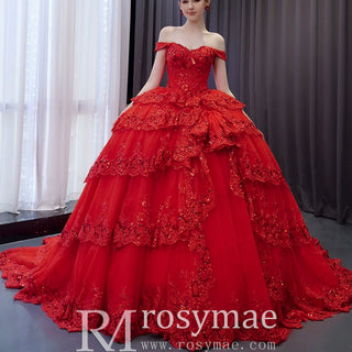 Sparkly Lace Applique Tiered Wedding Gowns Off the Shoulder Quince Dress