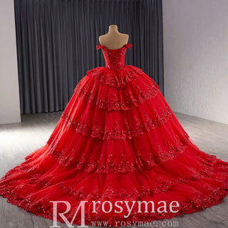 Sparkly Lace Applique Tiered Wedding Gowns Off the Shoulder Quince Dress