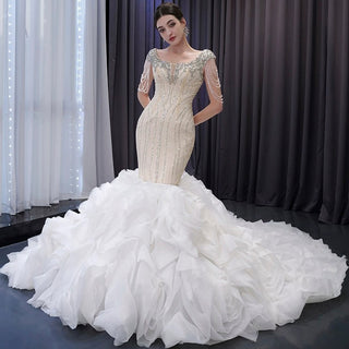 Tassel Sequins Beaded Trumpet Wedding Dress with Detachable Train