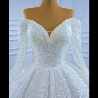 Luxury Beaded Sparkly Wedding Dress with Off the Shoulder Long Sleeve