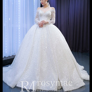 Luxury Beaded Sparkly Wedding Dress with Off the Shoulder Long Sleeve