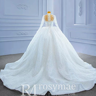 Sparkly High Neck Puffy Wedding Dress with Long Sleeve