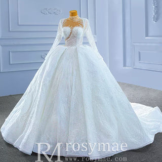 Sparkly High Neck Puffy Wedding Dress with Long Sleeve