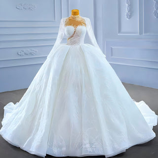 Sparkly High Neck Puffy Wedding Dress with Long Sleeve