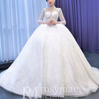 Sparkly High Neck Puffy Wedding Dress with Long Sleeve