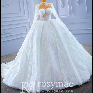 Sparkly High Neck Puffy Wedding Dress with Long Sleeve