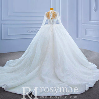 Sparkly High Neck Puffy Wedding Dress with Long Sleeve