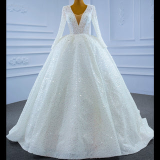 Long Sleeve Ball Gown V-neck Wedding Dress with Beaded Pearl