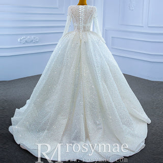 Long Sleeve Ball Gown V-neck Wedding Dress with Beaded Pearl