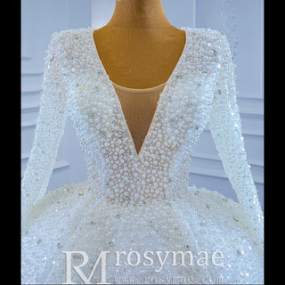 Long Sleeve Ball Gown V-neck Wedding Dress with Beaded Pearl