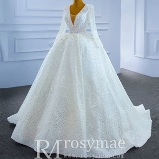 Long Sleeve Ball Gown V-neck Wedding Dress with Beaded Pearl