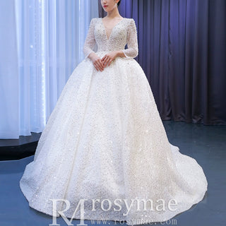 Long Sleeve Ball Gown V-neck Wedding Dress with Beaded Pearl