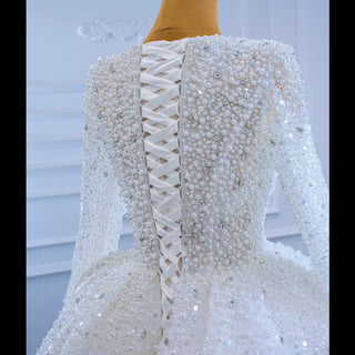 Long Sleeve Ball Gown V-neck Wedding Dress with Beaded Pearl