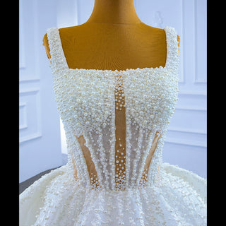 Vintage Beaded Glittery Pearl Ball Gown Wedding Dress with Square Neck