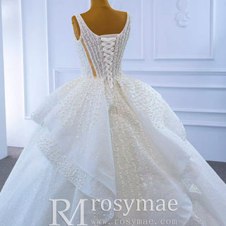 Vintage Beaded Glittery Pearl Ball Gown Wedding Dress with Square Neck