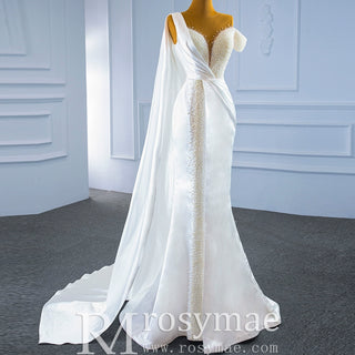 Beaded Pearl Mermaid Satin Wedding Dress with High Back