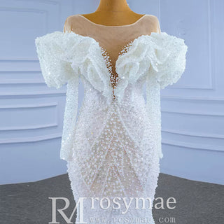 Vintage Mermaid Ruffle Neck Wedding Dress with Long Sleeves