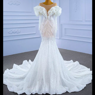 Vintage Mermaid Ruffle Neck Wedding Dress with Long Sleeves