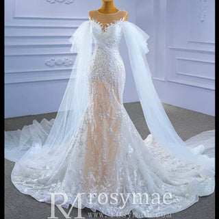 Long Sleeve Mermaid Lace Wedding Dress with Champagne Underlay