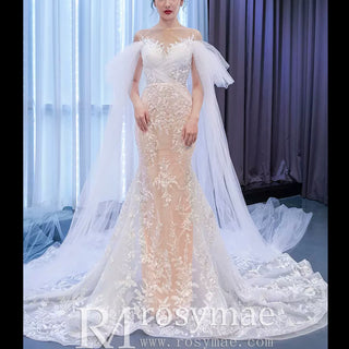 Long Sleeve Mermaid Lace Wedding Dress with Champagne Underlay