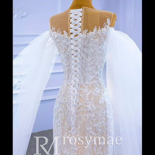 Long Sleeve Mermaid Lace Wedding Dress with Champagne Underlay