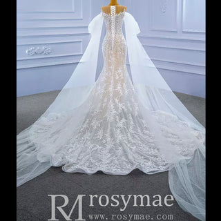 Long Sleeve Mermaid Lace Wedding Dress with Champagne Underlay