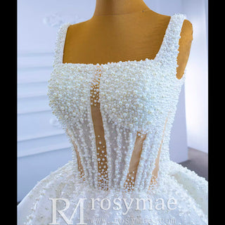 Vintage Beaded Glittery Pearl Ball Gown Wedding Dress with Square Neck