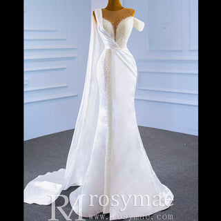 Beaded Pearl Mermaid Satin Wedding Dress with High Back