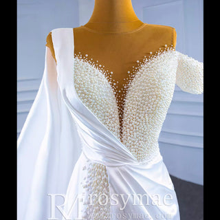 Beaded Pearl Mermaid Satin Wedding Dress with High Back