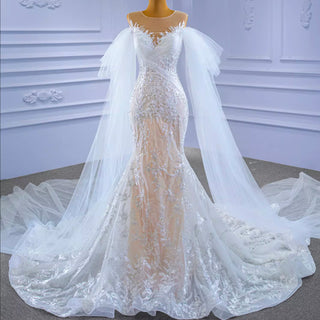 Long Sleeve Mermaid Lace Wedding Dress with Champagne Underlay