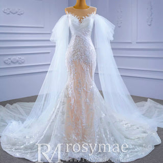 Long Sleeve Mermaid Lace Wedding Dress with Champagne Underlay