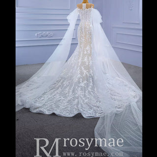 Long Sleeve Mermaid Lace Wedding Dress with Champagne Underlay