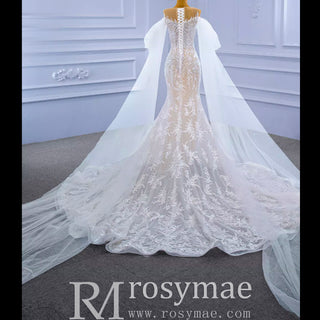 Long Sleeve Mermaid Lace Wedding Dress with Champagne Underlay