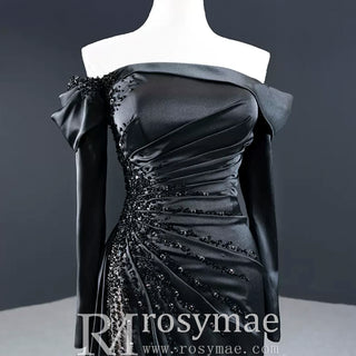 Black High Slit A-Line Beaded Party Gowns Evening Dress