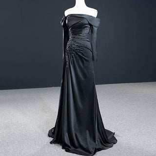 Black High Slit A-Line Beaded Party Gowns Evening Dress