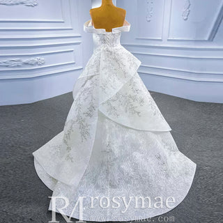 Off the Shoulder Ruffle Wedding Dress with Detachable Overskirt