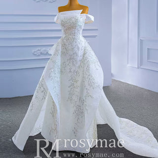 Off the Shoulder Ruffle Wedding Dress with Detachable Overskirt