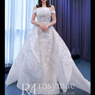 Off the Shoulder Ruffle Wedding Dress with Detachable Overskirt