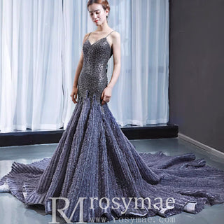 Mermaid Tulle Sequins Spaghetti Straps Beading Prom Dress With Train