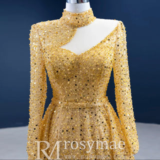 Long Sleeve Sparkly Gold Sequins Evening Dress Mock Neck Prom Gown