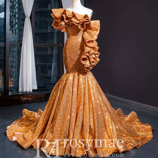 Luxury Gold Sequin Mermaid Wedding Dress Glittery Pageant Gown